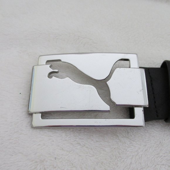 Puma Black Leather Golf-Style Belt Silvertone Cut-Out Logo Buckle Fine Scratches - Picture 4 of 8